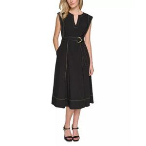 Karl Lagerfeld Paris Dress Midi Black Split Neck Pockets Belted Sz 6 Sleeveless